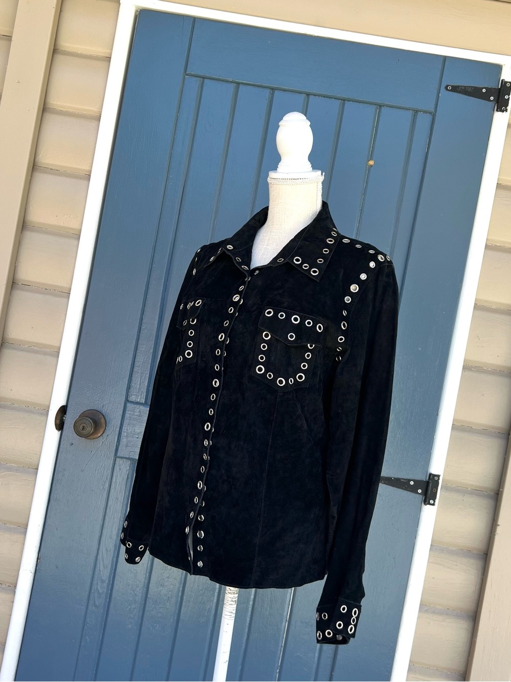 Vintage Za Zee Black Suede Leather Shirt Jacket Silver Grommet Eyelet XL